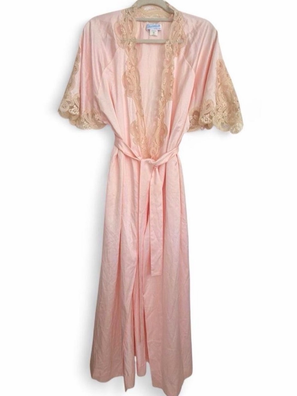 Delicate Pink Satin Robe with Cream Lace Trim